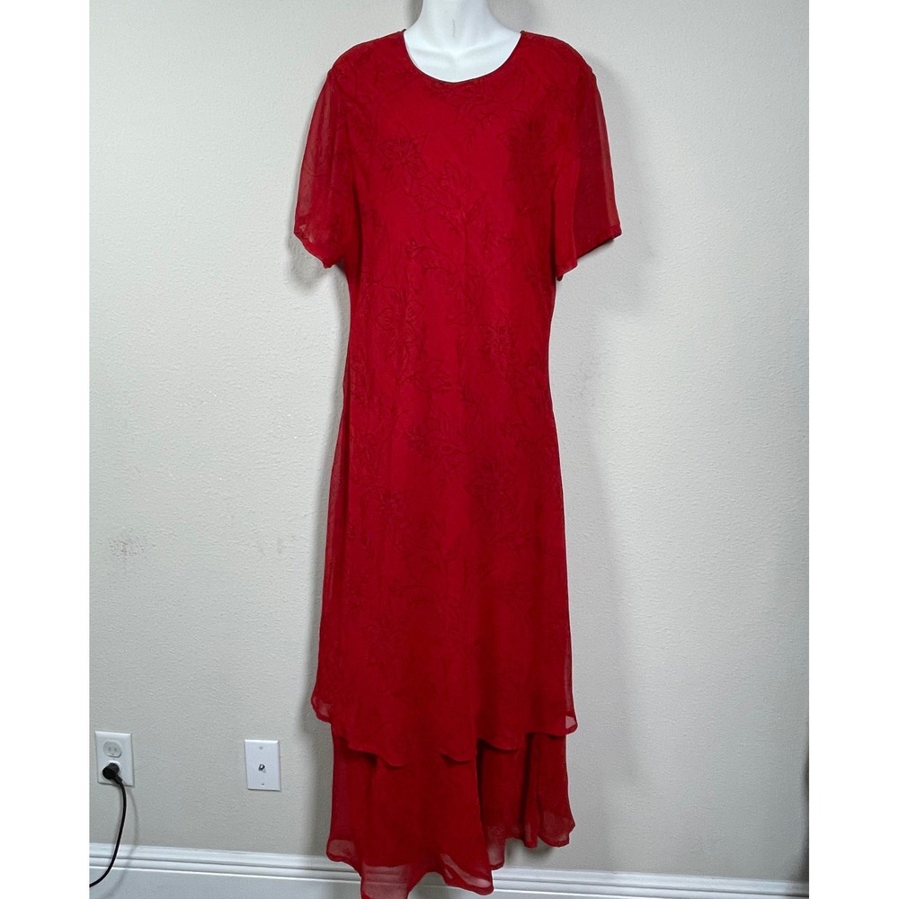 Divine Sarah Maxi Dress Women 1X Red Floral Rayon Tiered Short Sleeve Boho
